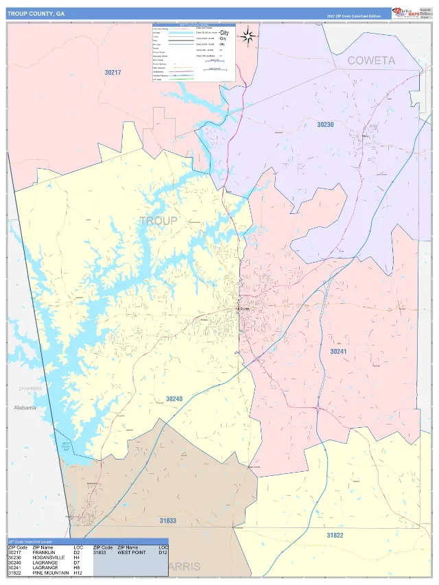 Troup County, GA ZIP Code Wall Map, ColorCast style