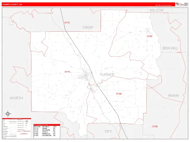 Turner County, GA ZIP Code Wall Map, RedLine style