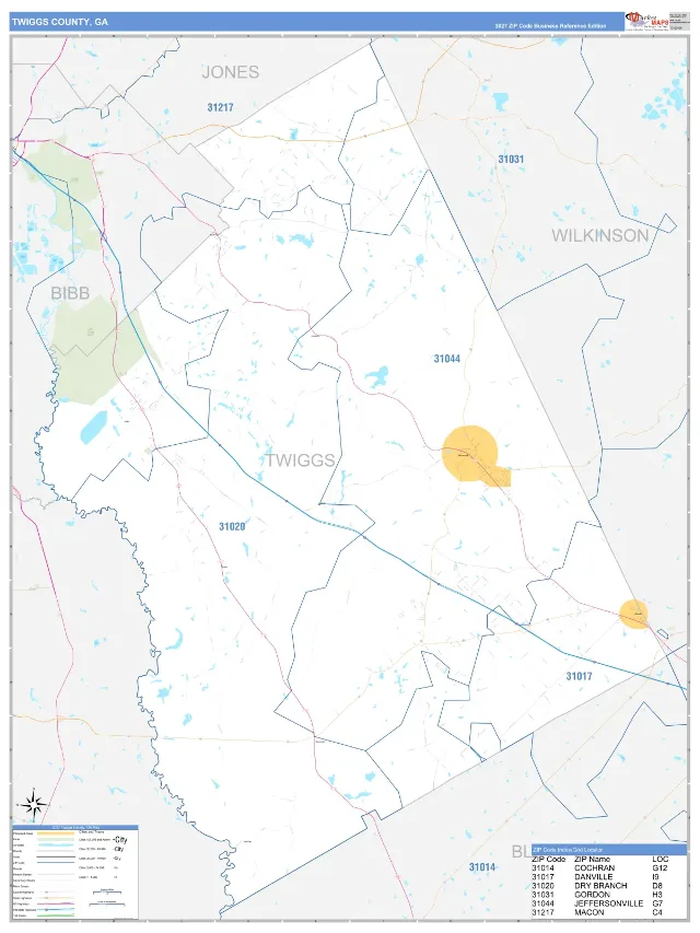 Twiggs County, GA ZIP Code Wall Map, Business Reference style