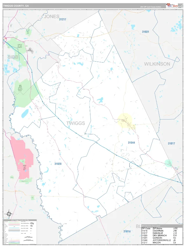 Twiggs County, GA ZIP Code Wall Map, Classic style