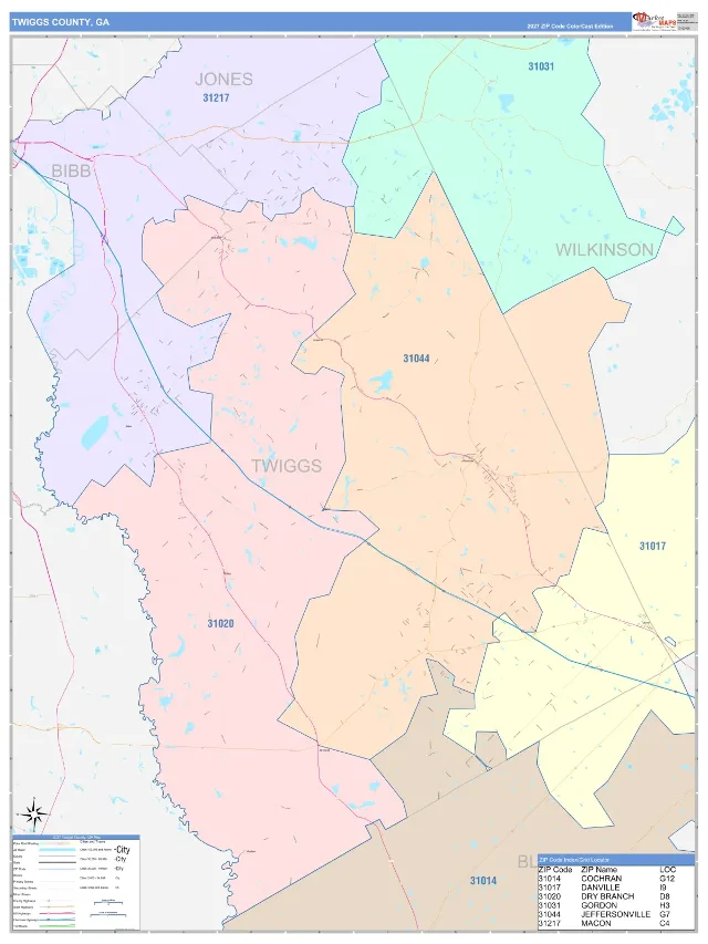 Twiggs County, GA ZIP Code Wall Map, ColorCast style