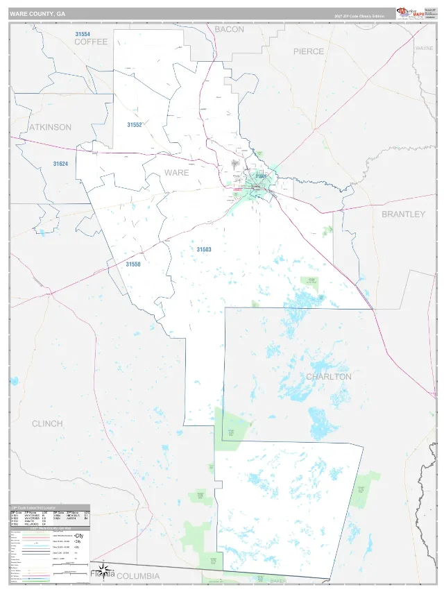 Ware County, GA ZIP Code Wall Map, Classic style
