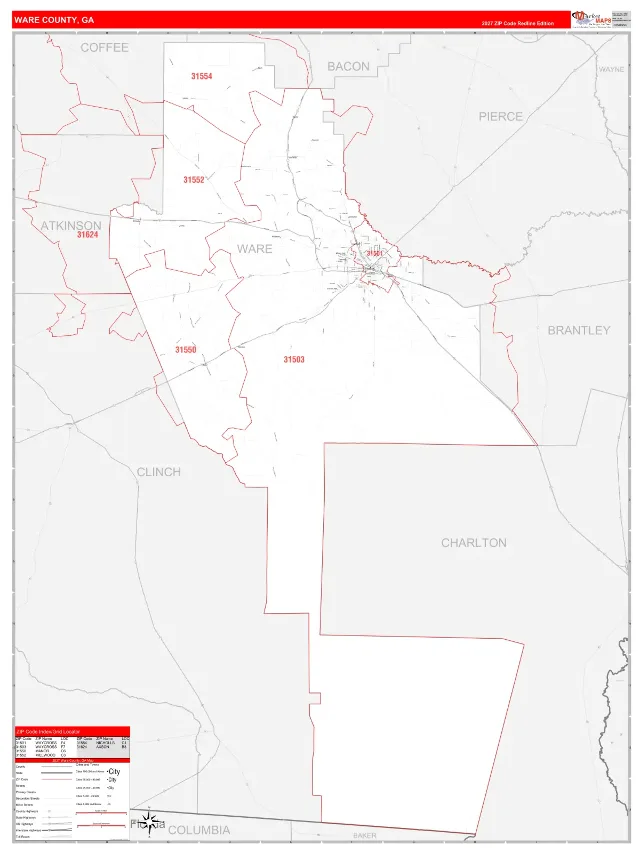 Ware County, GA ZIP Code Wall Map, RedLine style