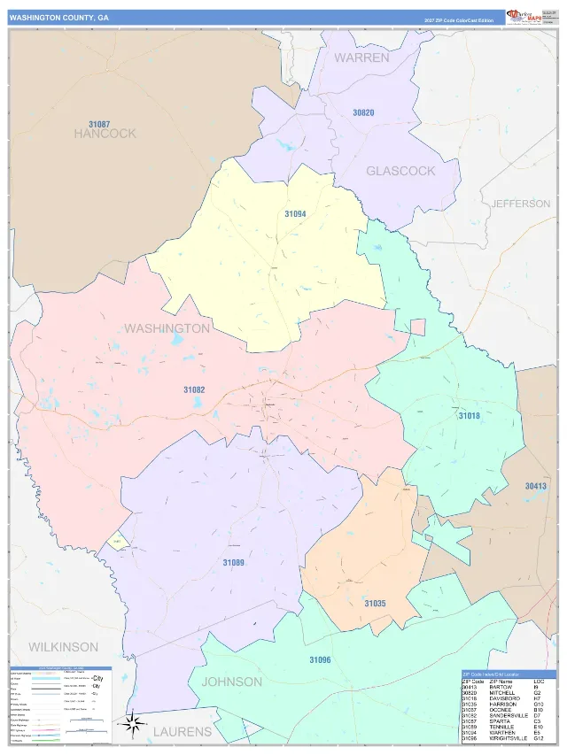Washington County, GA ZIP Code Wall Map, ColorCast style