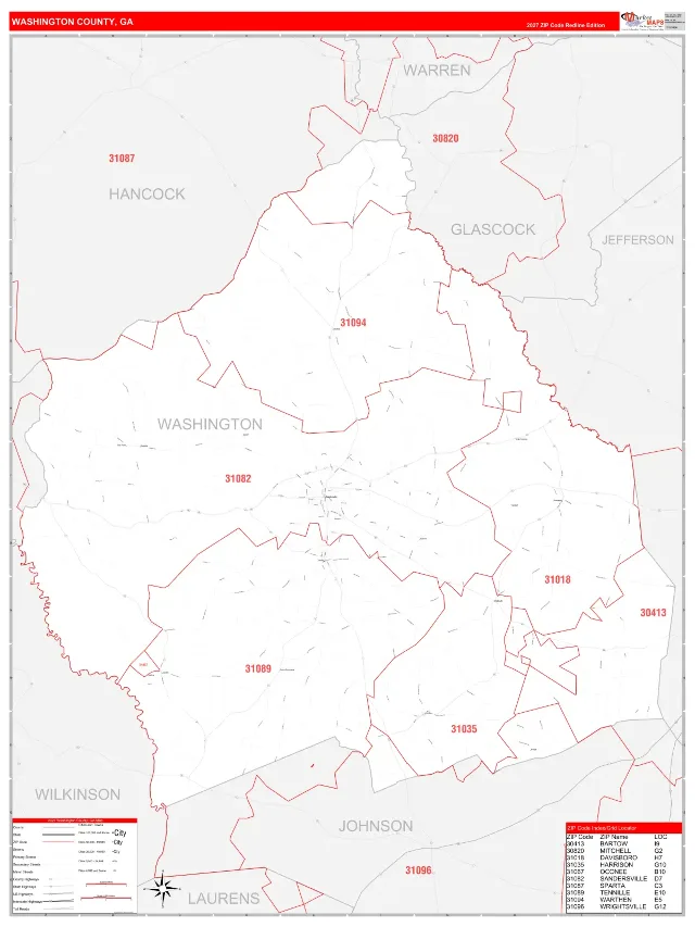 Washington County, GA ZIP Code Wall Map, RedLine style