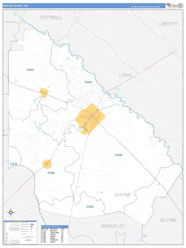 Wayne County, GA ZIP Code Wall Map, Business Reference style