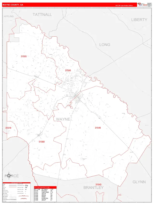 Wayne County, GA ZIP Code Wall Map, RedLine style