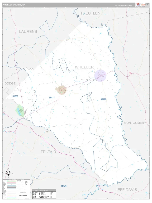 Wheeler County, GA ZIP Code Wall Map, Classic style