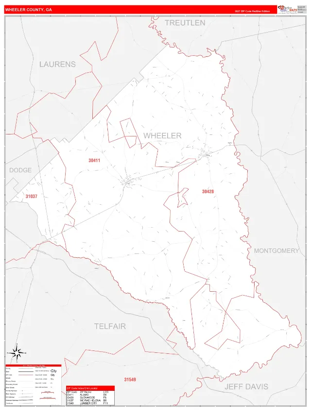 Wheeler County, GA ZIP Code Wall Map, RedLine style