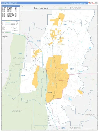 Whitfield County, GA Business Reference style ZIP Code wall map