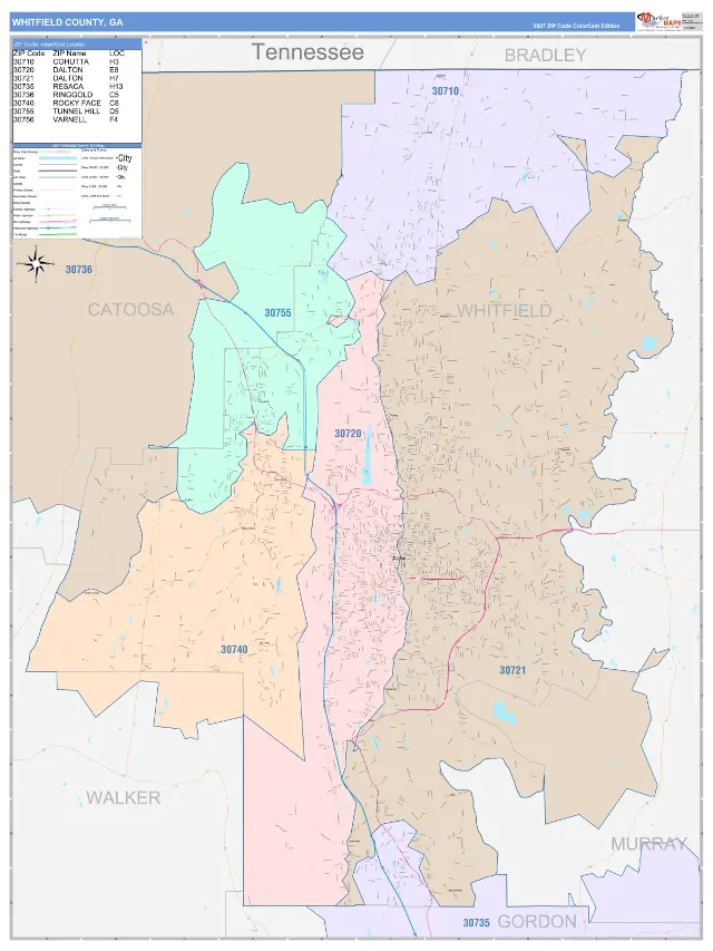Whitfield County, GA ZIP Code Wall Map, ColorCast style