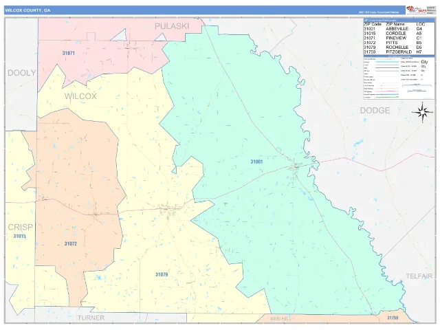 Wilcox County, GA ZIP Code Wall Map, ColorCast style