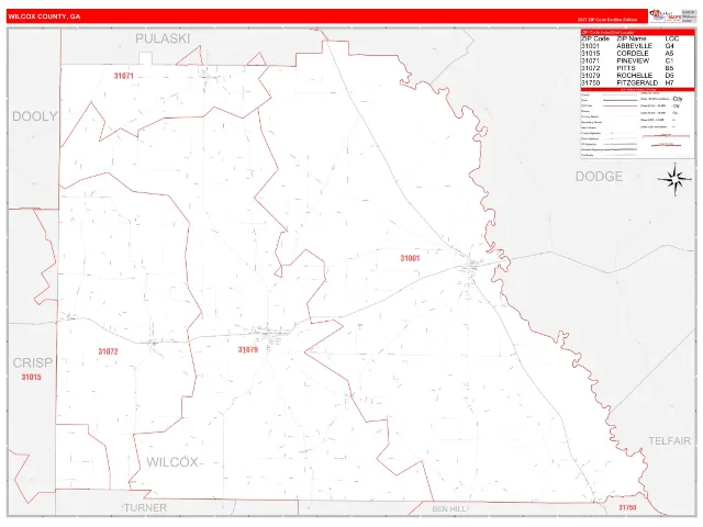 Wilcox County, GA ZIP Code Wall Map, RedLine style