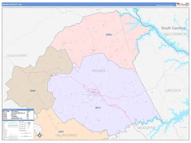 Wilkes County, GA ZIP Code Wall Map, ColorCast style