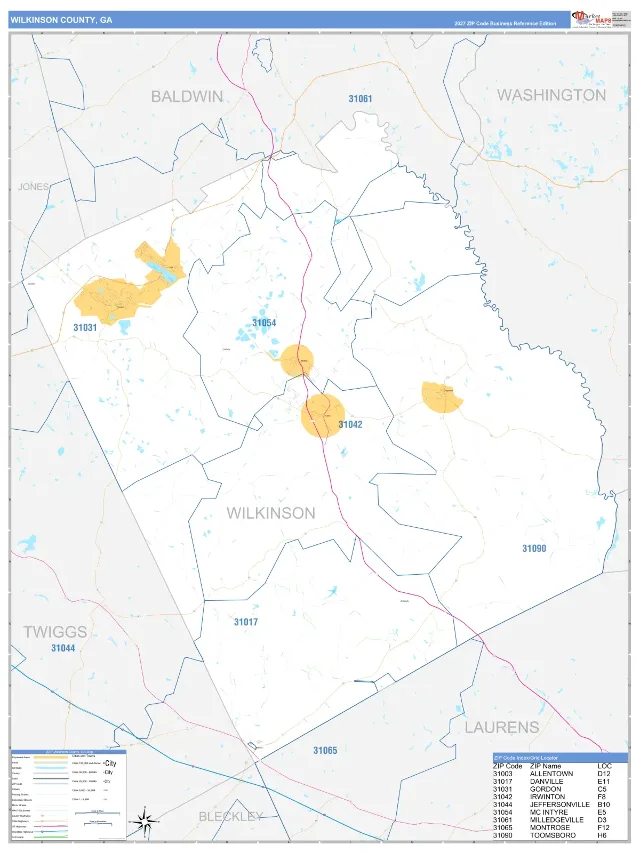 Wilkinson County, GA ZIP Code Wall Map, Business Reference style
