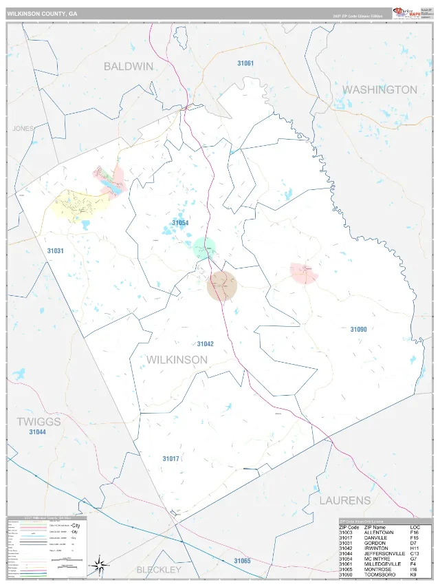 Wilkinson County, GA ZIP Code Wall Map, Classic style