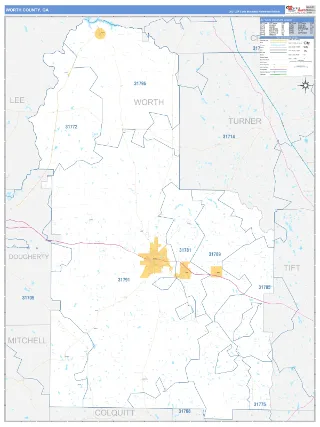 Worth County, GA Business Reference style ZIP Code wall map