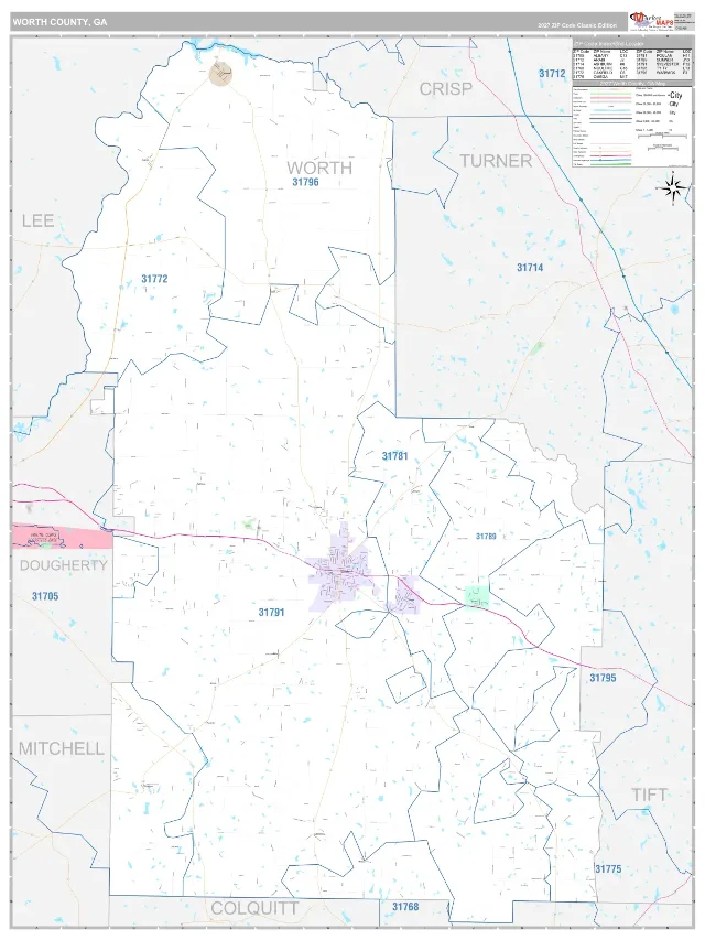 Worth County, GA ZIP Code Wall Map, Classic style