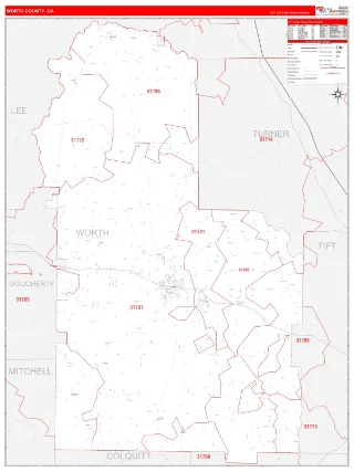 Worth County, GA RedLine style ZIP Code wall map