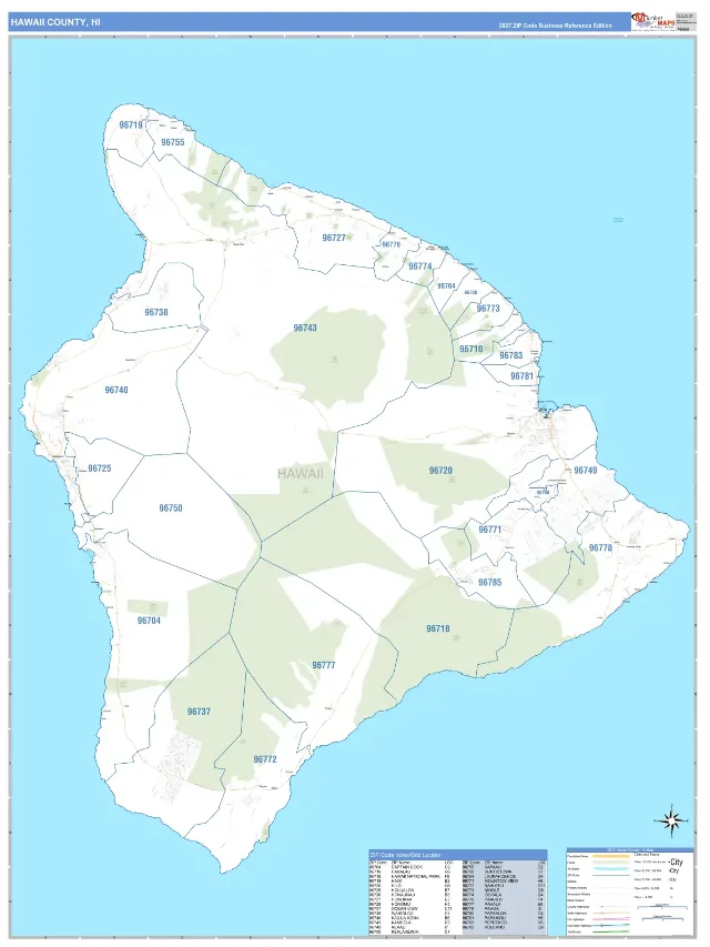Hawaii County, HI ZIP Code Wall Map, Business Reference style
