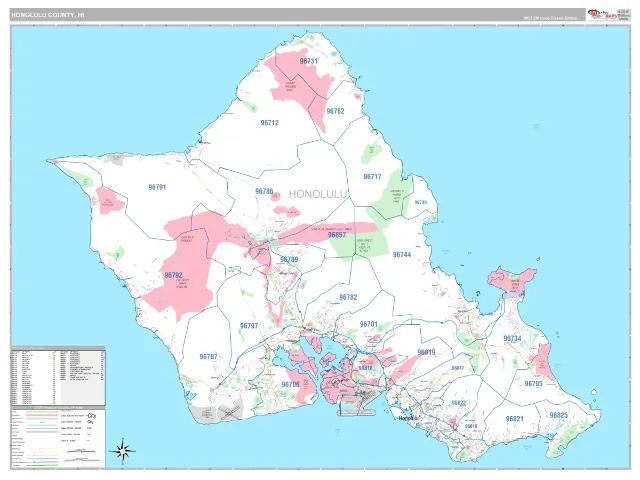 Honolulu County, HI ZIP Code Wall Map, Classic style
