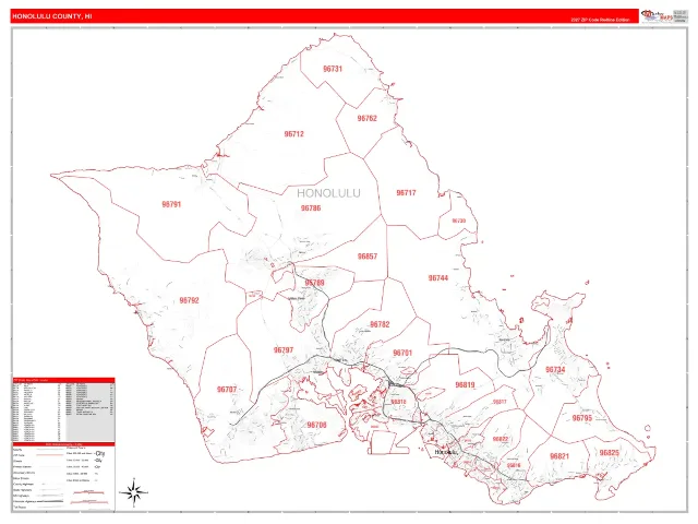 Honolulu County, HI ZIP Code Wall Map, RedLine style