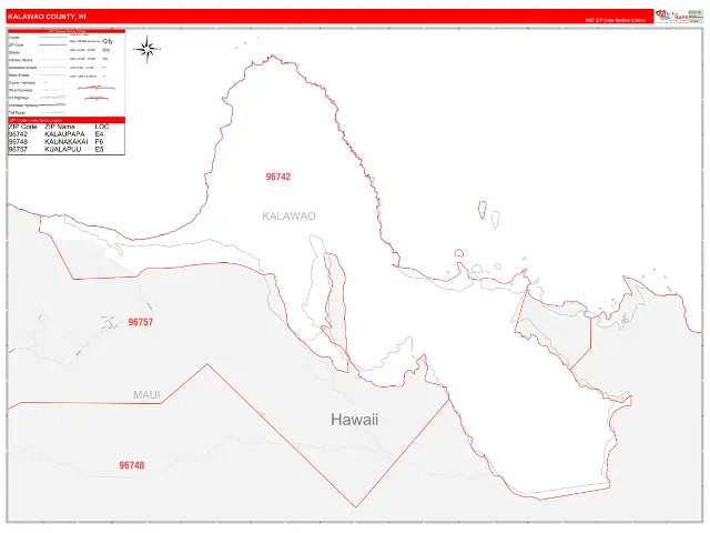 Kalawao County, HI ZIP Code Wall Map, RedLine style