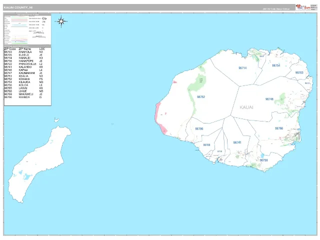 Kauai County, HI ZIP Code Wall Map, Classic style