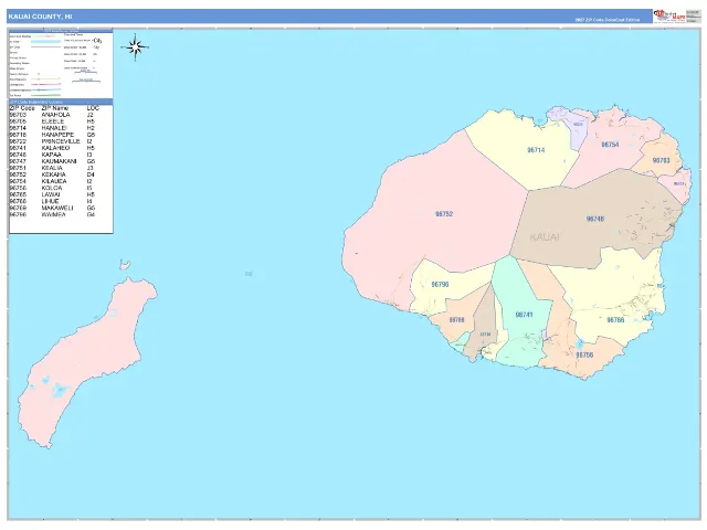 Kauai County, HI ZIP Code Wall Map, ColorCast style