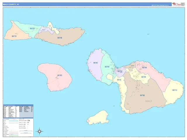 Maui County, HI ZIP Code Wall Map, ColorCast style