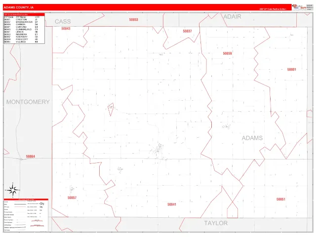 Adams County, IA ZIP Code Wall Map, RedLine style