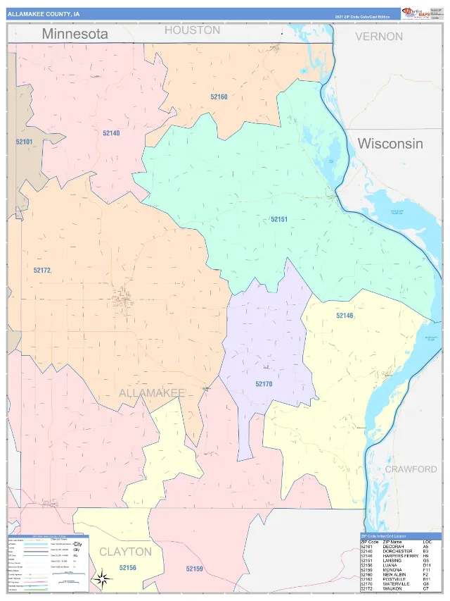 Allamakee County, IA ZIP Code Wall Map, ColorCast style