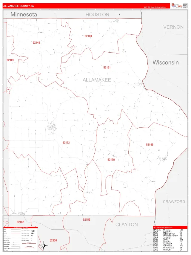 Allamakee County, IA ZIP Code Wall Map, RedLine style