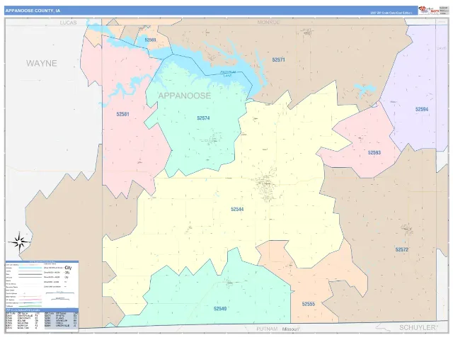 Appanoose County, IA ZIP Code Wall Map, ColorCast style