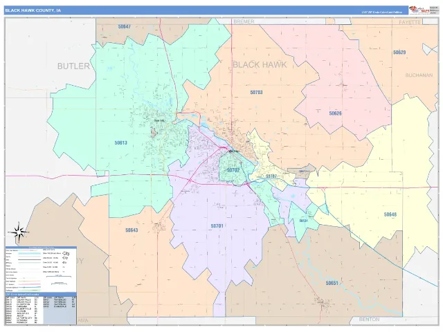 Black Hawk County, IA ZIP Code Wall Map, ColorCast style