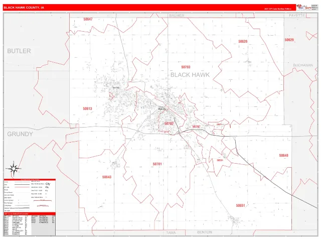 Black Hawk County, IA ZIP Code Wall Map, RedLine style