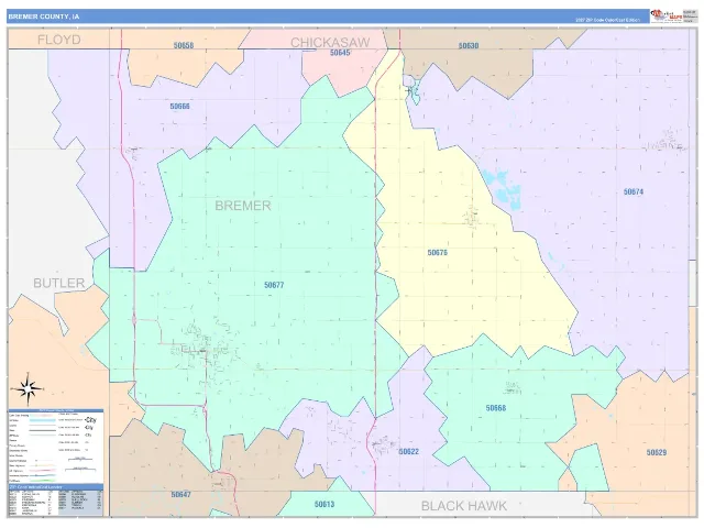 Bremer County, IA ZIP Code Wall Map, ColorCast style