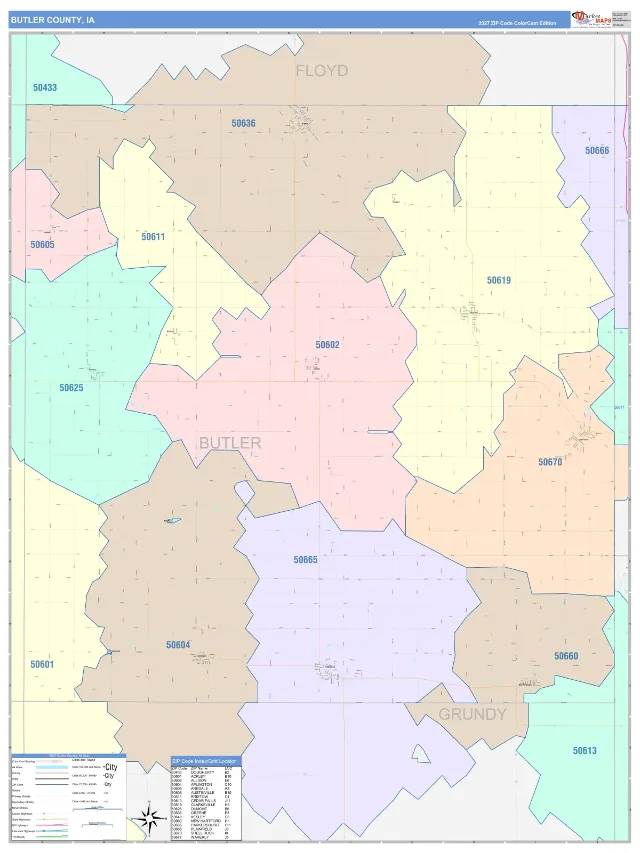 Butler County, IA ZIP Code Wall Map, ColorCast style