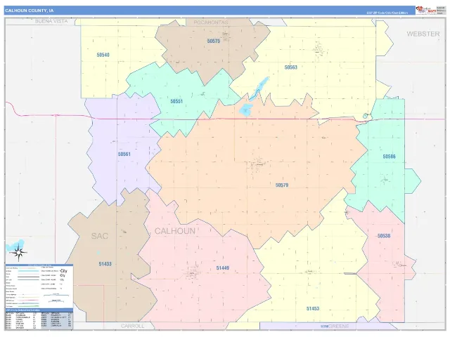 Calhoun County, IA ZIP Code Wall Map, ColorCast style