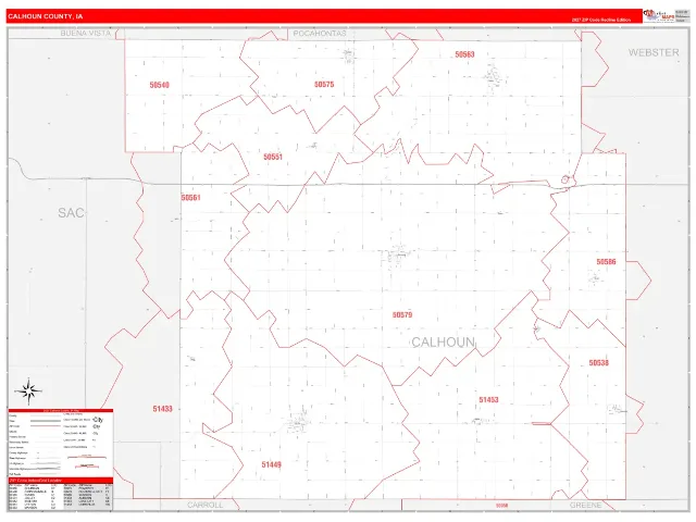 Calhoun County, IA ZIP Code Wall Map, RedLine style
