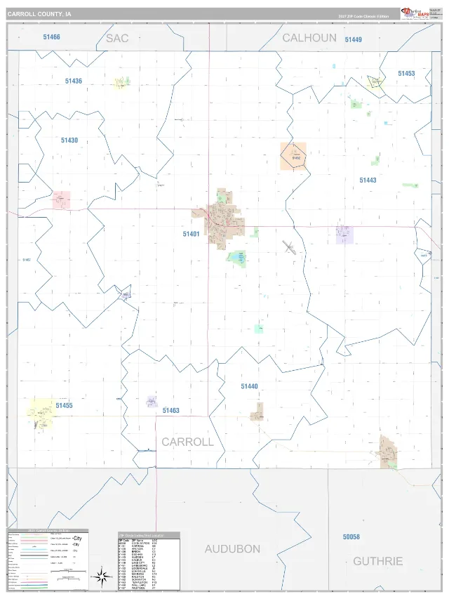 Carroll County, IA ZIP Code Wall Map, Classic style