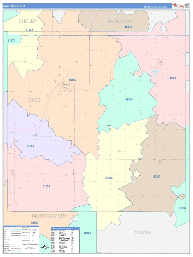 Cass County, IA ZIP Code Wall Map, ColorCast style