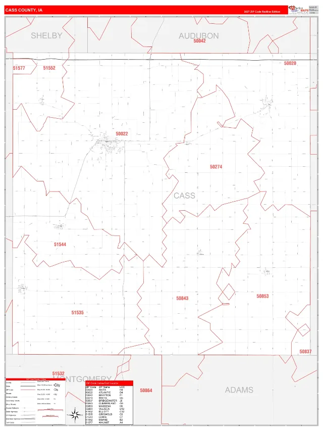 Cass County, IA ZIP Code Wall Map, RedLine style