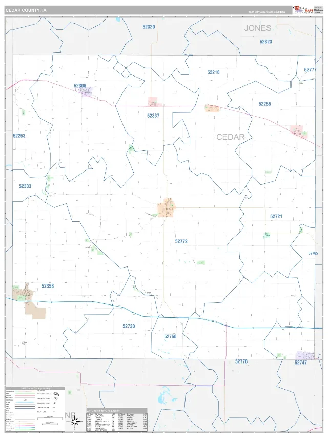 Cedar County, IA ZIP Code Wall Map, Classic style