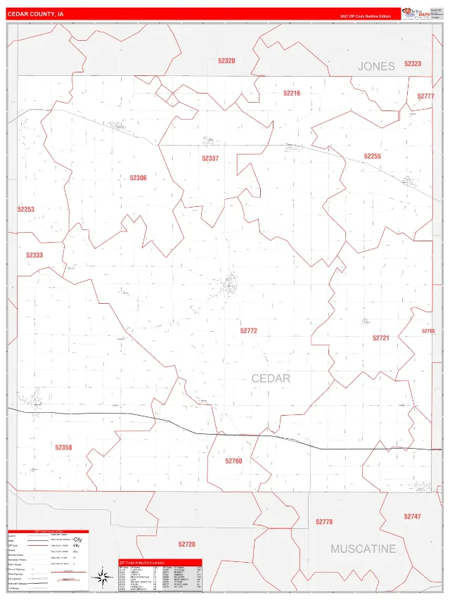 Cedar County, IA ZIP Code Wall Map, RedLine style