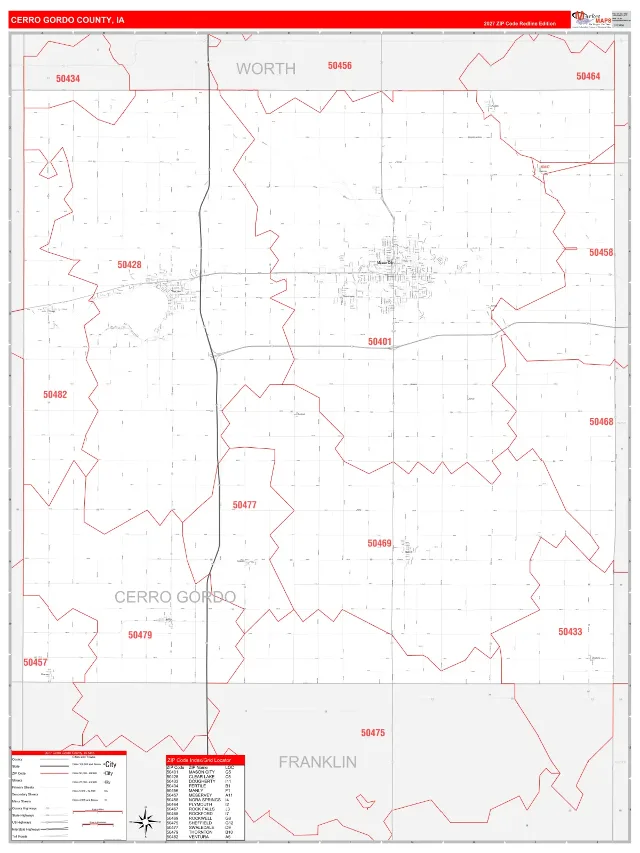Cerro Gordo County, IA ZIP Code Wall Map, RedLine style