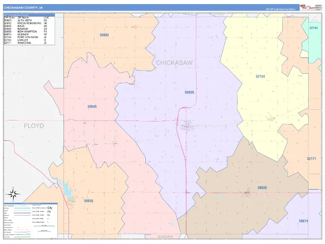 Chickasaw County, IA ZIP Code Wall Map, ColorCast style