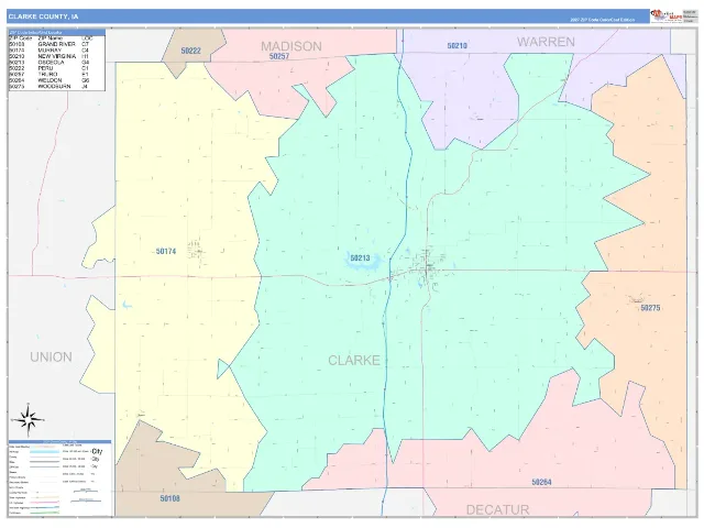 Clarke County, IA ZIP Code Wall Map, ColorCast style