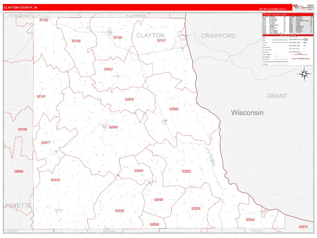 Clayton County, IA ZIP Code Wall Map, RedLine style