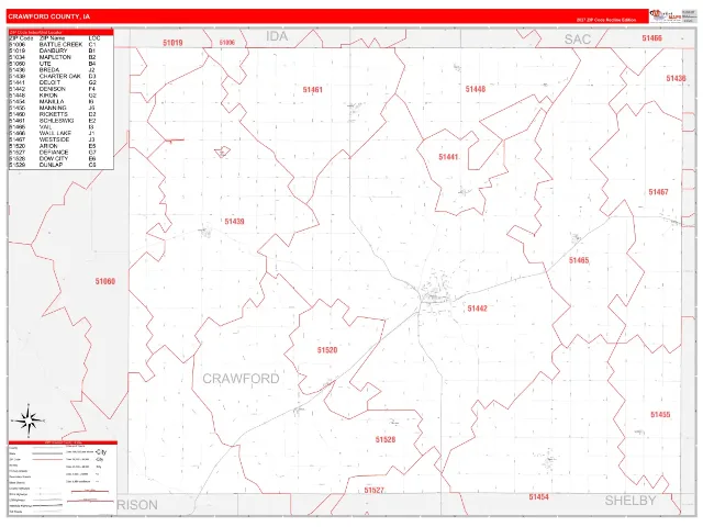 Crawford County, IA ZIP Code Wall Map, RedLine style